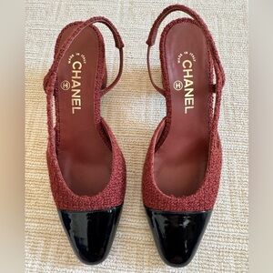 CHANEL Women's Slingback Burgundy Tweed Pumps Size 37.5